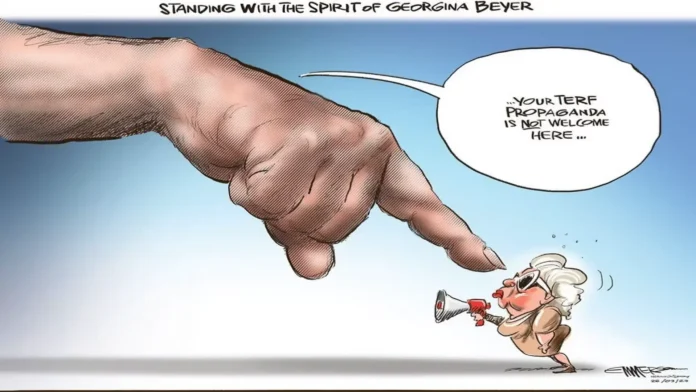 Of Terfs, Truth and Propaganda A large hand points at a tiny old woman with a megaphone. A speech bubble coming from the hand says "your terf propaganda isn't welcome here"
