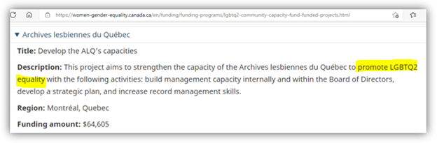 Archives lesbiennes du Québec
Title: Develop the ALQ's capacities
Description: This project aims to strengthen the capacity of the Archives lesbiennes du Québec to promote LGBTQ2 equality with the following activities: build management capacity internally and within the Board of Directors, develop a strategic plan, and increase record management skills.
Region: Montréal, Quebec
Funding amount: $64,605