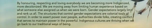 By honouring, respecting and loving everybody we are becoming more Indigenized, more decolonized. We are moving away from limiting human experience based on what someone else assigned us when we were born. Gender expectations largely limit and rank us all. The structures that control gender expectations are colonial tools of control. In order to assert power over people, authorities divide folks, creating conflict that serves to maintain power in the powerful. Indigenous cultures are thriving when we go back to our traditional ways of being.