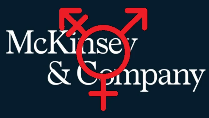 Is McKinsey & Company Accelerating Gender Identity Ideology in Canada? The transgender symbol with both sexes and male and female combined covers the McKinsey & Company wordmark