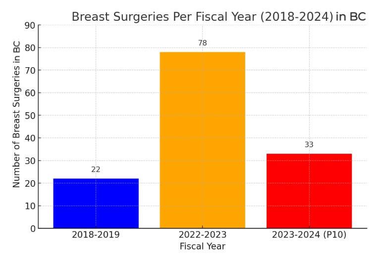 A bar chart titled "Breast Surgeries Per Fiscal Year (2018-2024) in BC," with the y-axis showing "Number of Breast Surgeries in BC" (0–90) and the x-axis showing fiscal year. Three bars: 2018–2019 in blue at 22 surgeries, 2022–2023 in orange at 78 surgeries, and 2023–2024 (P10) in red at 33 surgeries. The chart shows a sharp rise in breast surgeries from 2018–2019 to 2022–2023, followed by a drop in the 2023–2024 partial-year figure (P10, likely representing data through the 10th period of the fiscal year rather than a full-year total).