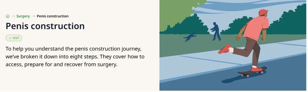 Home → Surgery → Penis construction
Penis construction
✓ MSP
To help you understand the penis construction journey, we've broken it down into eight steps. They cover how to access, prepare for and recover from surgery.