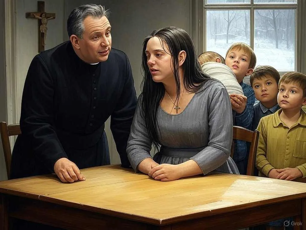 An AI-generated, painterly-style image showing a priest in black clerical clothing with a white collar, standing and leaning over a wooden table, speaking to a seated woman with long dark hair wearing a grey dress and a small cross necklace. Behind her, four children look on: one boy holding a swaddled infant, and three other boys of varying ages. A crucifix hangs on the wall behind the priest, and a snowy, tree-lined window is visible in the background. A small "Grok" watermark/logo appears in the bottom right corner.