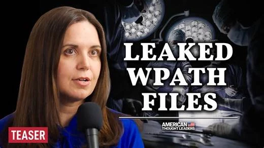 A screenshot of a video thumbnail graphic. On the left, Mia Hughes with shoulder-length brown hair speaks into a microphone, shown against a dark blurred background depicting medical/surgical imagery (an operating room with bright lights and masked medical staff). On the right, in large bold white text, the graphic reads "LEAKED WPATH FILES." In the top left corner, a red rectangular label reads "TEASER," and at the bottom, a logo reads "AMERICAN THOUGHT LEADERS" with a small emblem icon.