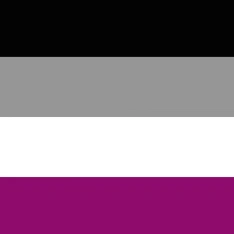 Asexual flag: A rectangular flag graphic with four horizontal stripes: black at top, gray below it, white below that, and purple at the bottom.