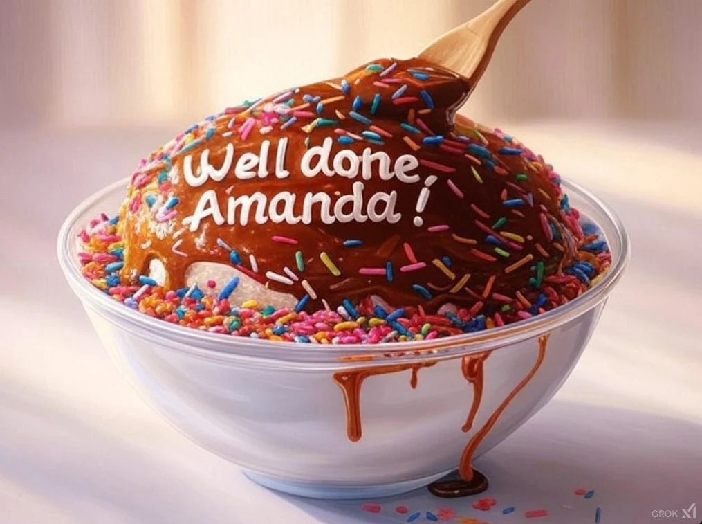 A digital painting-style illustration of a mound of chocolate caramel sauce and colorful sprinkles piled into a clear glass bowl, with white icing text reading "Well done Amanda!" written across the chocolate surface. A wooden spoon rests in the mound, and caramel drips down the outside of the bowl. A small "Grok" watermark appears in the bottom right corner.