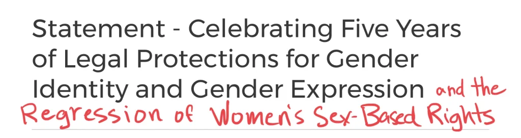 The printed headline reads "Statement - Celebrating Five Years of Legal Protections for Gender Identity and Gender Expression." Handwritten in red beneath and after it, someone has added: "and the Regression of Women's Sex-Based Rights," underlined.