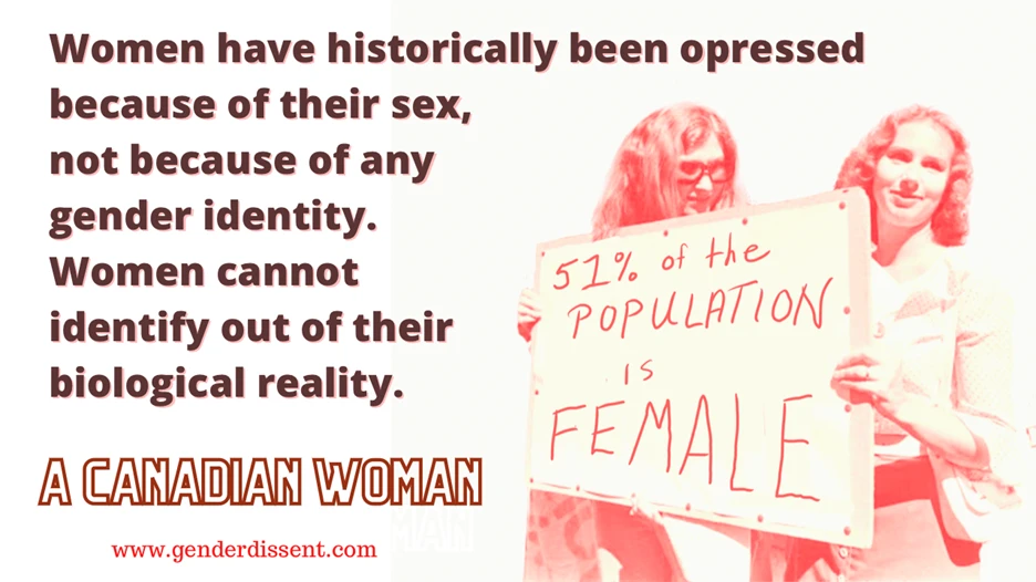 A graphic with a white/cream background. On the right, a red/pink duotone black-and-white photograph shows two women outdoors, one wearing sunglasses, jointly holding a handwritten sign reading "51% of the POPULATION is FEMALE." On the left, bold dark maroon text reads: "Women have historically been opressed because of their sex, not because of any gender identity. Women cannot identify out of their biological reality." [Note: "opressed" is spelled with one "p" in the original graphic, a typo.] Below this, in a bold outlined font, is the phrase "A CANADIAN WOMAN" (with the word "WOMAN" partially overlapping/ghosted behind it in a lighter shade), and beneath that, in small red text, the URL "www.genderdissent.com."