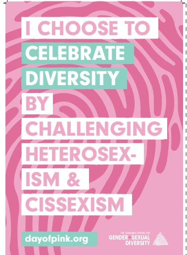 Pink background with a darker pink fingerprint-spiral pattern. White-and-teal highlighted text blocks stack vertically reading: "I CHOOSE TO / CELEBRATE / DIVERSITY / BY / CHALLENGING / HETEROSEX-/ISM & / CISSEXISM." Below, a teal button reads "dayofpink.org," with the CCGSD logo and bilingual "THE CANADIAN CENTRE FOR GENDER+SEXUAL DIVERSITY" wordmark in the bottom right corner.