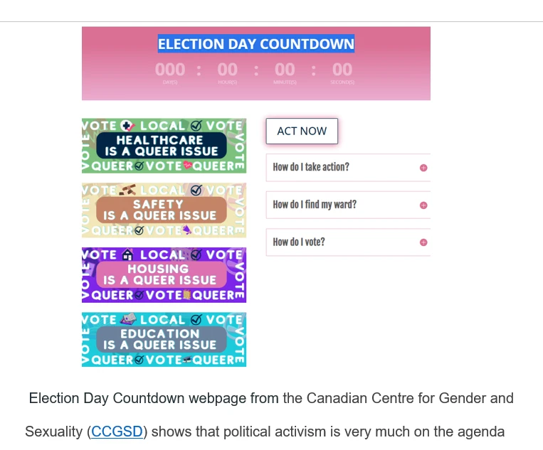 A webpage screenshot showing a pink gradient banner reading "ELECTION DAY COUNTDOWN" above a countdown timer displaying "000 : 00 : 00 : 00" (days/hours/minutes/seconds, all zeroed out). Below are four colorful stacked banner graphics, each repeating a diagonal pattern of "VOTE LOCAL VOTE QUEER" text with small icons (a heart/cross, a bandage, a home, a graduation cap), reading: "HEALTHCARE IS A QUEER ISSUE" (green), "SAFETY IS A QUEER ISSUE" (tan/brown), "HOUSING IS A QUEER ISSUE" (purple), and "EDUCATION IS A QUEER ISSUE" (blue). To the right is an "ACT NOW" button and an FAQ accordion with items "How do I take action?", "How do I find my ward?", and "How do I vote?" Below the screenshot, a caption reads: "Election Day Countdown webpage from the Canadian Centre for Gender and Sexuality (CCGSD) shows that political activism is very much on the agenda" (with "CCGSD" as a hyperlink).