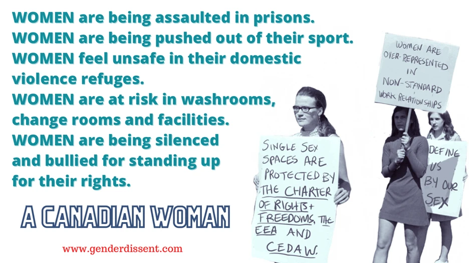 A graphic with a white background. On the left, bold teal/turquoise text with a subtle shadow effect reads: "WOMEN are being assaulted in prisons. WOMEN are being pushed out of their sport. WOMEN feel unsafe in their domestic violence refuges. WOMEN are at risk in washrooms, change rooms and facilities. WOMEN are being silenced and bullied for standing up for their rights." Below this text, in a bold outlined navy font, is the phrase "A CANADIAN WOMAN," and beneath that, in small red text, the URL "www.genderdissent.com." On the right side of the graphic is a black-and-white photograph collage: one woman with glasses and a long braid holds a handwritten sign reading "SINGLE SEX SPACES ARE PROTECTED BY THE CHARTER OF RIGHTS + FREEDOMS, THE EEA AND CEDAW," while beside her, two other women hold a sign reading "WOMEN ARE OVER-REPRESENTED IN NON-STANDARD WORK RELATIONSHIPS" and another partially obscured sign reading "DEFINE US BY OUR SEX."