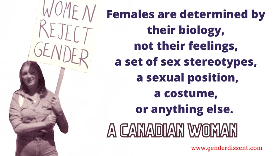 A graphic with a white background. On the left, a black-and-white photograph, tinted in a sepia/purple duotone, shows a woman with long dark hair standing outdoors, wearing a light-colored jacket, holding a handwritten protest sign reading "WOMEN REJECT GENDER." On the right side of the graphic, bold dark purple text reads: "Females are determined by their biology, not their feelings, a set of sex stereotypes, a sexual position, a costume, or anything else." Below this, in a stylized bold font, is the phrase "A CANADIAN WOMAN," and beneath that, in small red text, the URL "www.genderdissent.com."