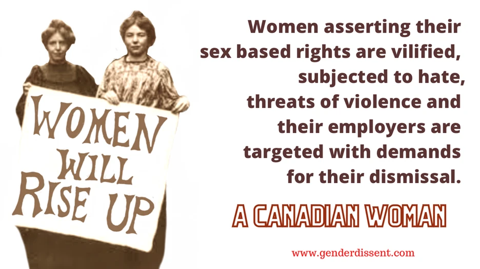 A graphic with a white background. On the left, an old black-and-white/sepia-toned photograph shows two women standing side by side, one in a dark top and one in a light patterned blouse, jointly holding a handwritten sign reading "WOMEN WILL RISE UP." On the right, bold dark red/maroon text reads: "Women asserting their sex based rights are vilified, subjected to hate, threats of violence and their employers are targeted with demands for their dismissal." Below this, in a bold stylized outlined font, is the phrase "A CANADIAN WOMAN," and beneath that, in small red text, the URL "www.genderdissent.com."