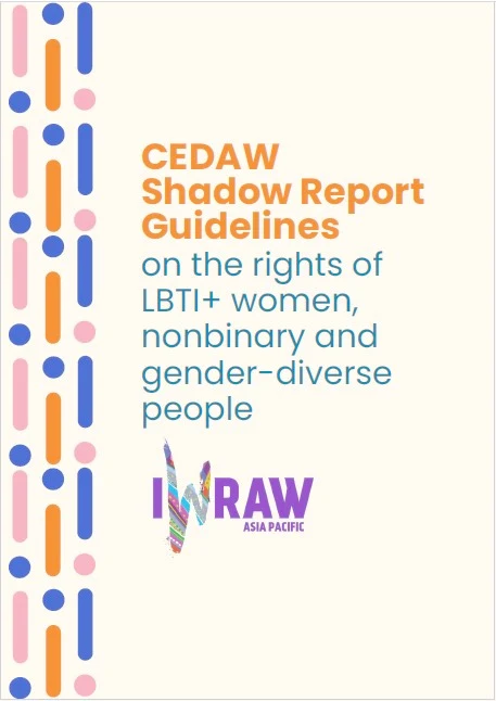 A document cover with a cream background and a vertical dotted border pattern in pink, orange, and blue dots on the left edge. Bold orange and blue text reads: "CEDAW Shadow Report Guidelines on the rights of LBTI+ women, nonbinary and gender-diverse people." Below is the "IWRAW ASIA PACIFIC" logo, styled with colorful abstract lettering.