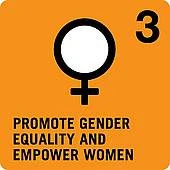 An orange square icon with the number "3" in the top right. A black female/Venus symbol is centered, with black bold text below reading "PROMOTE GENDER EQUALITY AND EMPOWER WOMEN."