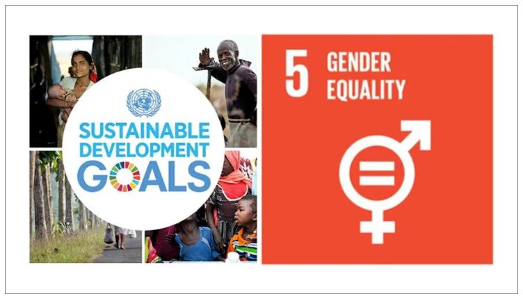 : A two-panel graphic. Left side: the UN emblem inside a white circle, with a photo collage behind it showing people in various settings (a woman holding an infant, a man walking with a cane, children in colorful clothing), overlaid with the text "SUSTAINABLE DEVELOPMENT GOALS." Right side, on an orange-red background: the number "5" beside "GENDER EQUALITY," with an icon combining a male symbol, an equals sign, and a female symbol.