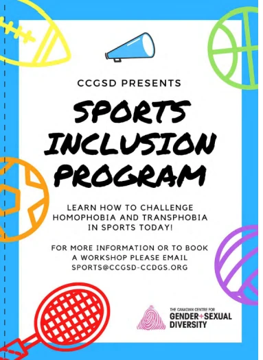 A bright blue-bordered poster with a white center panel, decorated with colorful cartoon sports-ball icons (football, basketball, tennis racket and ball) in the corners and a megaphone icon at the top. Bold black text reads "CCGSD PRESENTS — SPORTS INCLUSION PROGRAM — LEARN HOW TO CHALLENGE HOMOPHOBIA AND TRANSPHOBIA IN SPORTS TODAY! — FOR MORE INFORMATION OR TO BOOK A WORKSHOP PLEASE EMAIL SPORTS@CCGSD-CCDGS.ORG." At the bottom right is the logo for "THE CANADIAN CENTRE FOR GENDER+SEXUAL DIVERSITY" with a fingerprint-style icon.