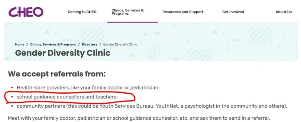 A screenshot of the CHEO (Children's Hospital of Eastern Ontario) website, showing the purple "CHEO" logo and nav menu ("Coming to CHEO," "Clinics, Services & Programs," "Resources and Support," "Get Involved," "About Us"). Breadcrumb: "Home / Clinics, Services & Programs / Directory / Gender Diversity Clinic." Heading: "Gender Diversity Clinic," followed by "We accept referrals from:" and a bulleted list: "Health-care providers, like your family doctor or pediatrician;" "school guidance counsellors and teachers;" (this line is circled in red) "community partners (this could be Youth Services Bureau, YouthNet, a psychologist in the community and others)." Below: "Meet with your family doctor, pediatrician or school guidance counsellor, etc. and ask them to send in a referral."