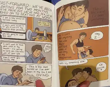 A two-page spread from the graphic novel Gender Queer: A Memoir, showing explicit sexual content between two characters.