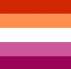 Lesbian flag: A rectangular flag graphic with five horizontal stripes: dark orange-red at top, followed by lighter orange, white in the middle, then a medium pink/magenta, and dark magenta/maroon at the bottom.