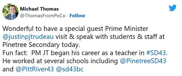 A screenshot of a tweet from Michael Thomas (@ThomasFromPoCo), a verified-style Twitter/X account (blue Twitter bird icon in top right), with a round profile photo of a man in a suit. The tweet text reads: "Wonderful to have a special guest Prime Minister @justinpjtrudeau visit & speak with students & staff at Pinetree Secondary today. Fun fact: PM JT began his career as a teacher in #SD43. He worked at several schools including @PinetreeSD43 and @PittRiver43 @sd43bc"