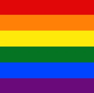 The original rainbow flag designed by Gilbert Baker with six equal horizontal stripes, from top to bottom: red, orange, yellow, green, blue, and purple.