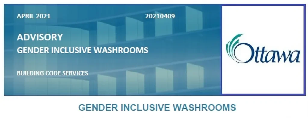 A graphic banner with a blue geometric background resembling stacked rectangular blocks in varying shades of teal and blue. In the top left, white text reads "APRIL 2021," and in the top center, "20210409." Below that, larger bold white text reads "ADVISORY" followed by "GENDER INCLUSIVE WASHROOMS," and further below, smaller bold white text reads "BUILDING CODE SERVICES." On the right side of the banner is a white box containing the City of Ottawa logo (a teal swoosh above the cursive word "Ottawa"). Below the banner, on a white background, centered blue text repeats "GENDER INCLUSIVE WASHROOMS."