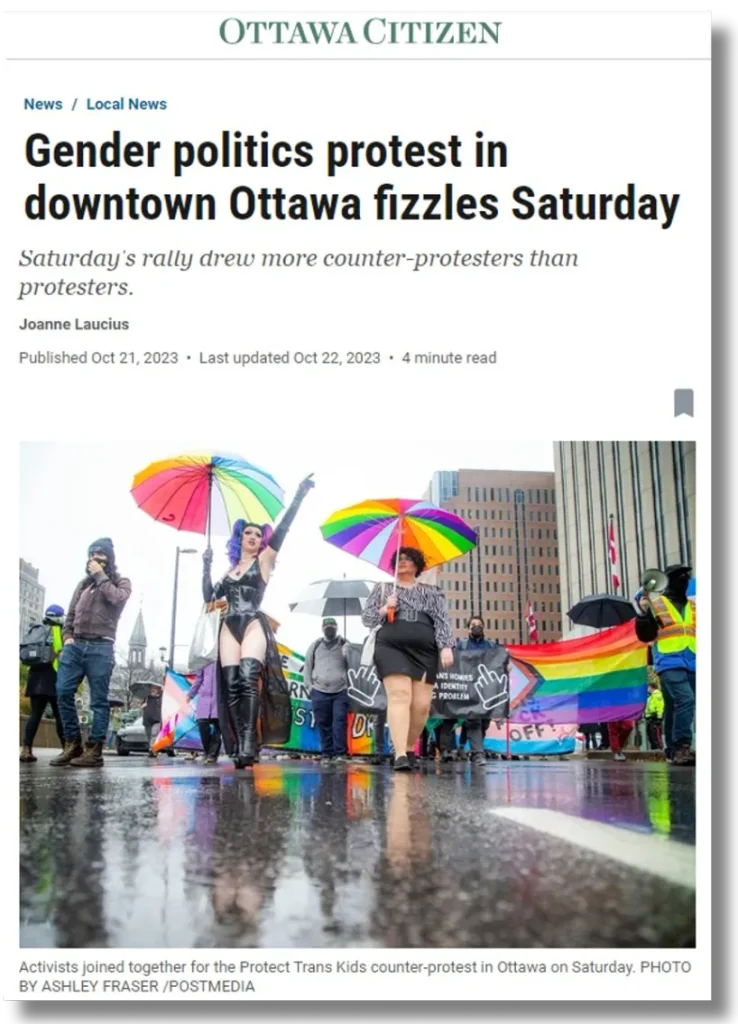 An Ottawa Citizen article screenshot. Headline: "Gender politics protest in downtown Ottawa fizzles Saturday." Subhead: "Saturday's rally drew more counter-protesters than protesters." Byline "Joanne Laucius," dated "Published Oct 21, 2023 • Last updated Oct 22, 2023 • 4 minute read." Photo shows a rainy street scene with a group holding rainbow-colored umbrellas and pride flags; in front, a male performer in a black corset-and-boots outfit holds up a rainbow umbrella, walking beside another woman in a grey patterned dress also holding a rainbow umbrella. Caption: "Activists joined together for the Protect Trans Kids counter-protest in Ottawa on Saturday. PHOTO BY ASHLEY FRASER /Postmedia."