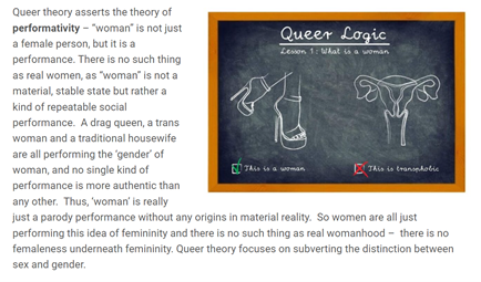 Queer theory asserts the theory of performativity – "woman" is not just a female person, but it is a performance. There is no such thing as real women, as "woman" is not a material, stable state but rather a kind of repeatable social performance. A drag queen, a trans woman and a traditional housewife are all performing the 'gender' of woman, and no single kind of performance is more authentic than any other. Thus, 'woman' is really just a parody performance without any origins in material reality. So women are all just performing this idea of femininity and there is no such thing as real womanhood – there is no femaleness underneath femininity. Queer theory focuses on subverting the distinction between sex and gender.
Image text: "Queer Logic — Lesson 1: What is a woman" with a high-heeled shoe labeled "This is a woman" and a uterus/reproductive system diagram labeled "This is transphobic."