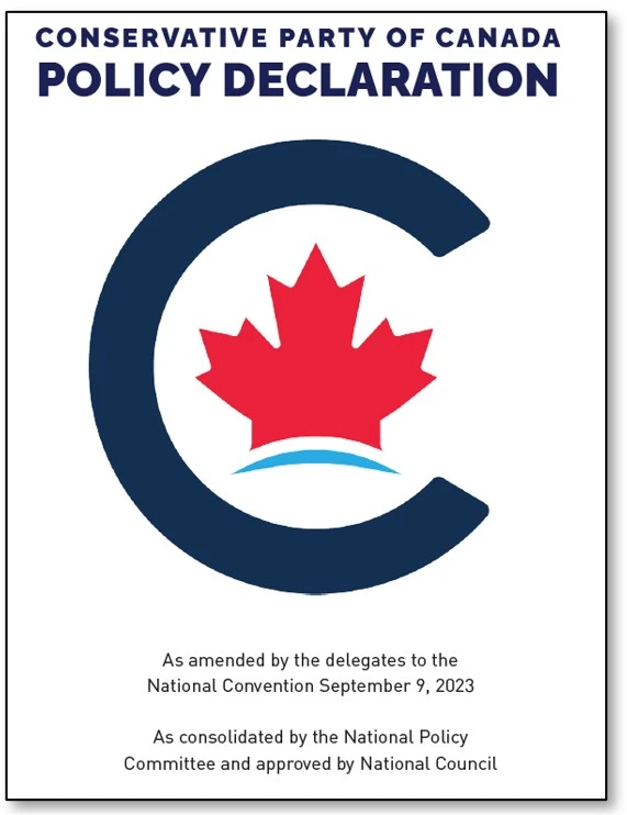 A document cover with a navy blue "C" logo (Conservative Party of Canada's stylized "C") containing a red maple leaf with a light blue swoosh beneath it, all outlined against a white background. Above the logo, navy bold text reads: "CONSERVATIVE PARTY OF CANADA POLICY DECLARATION." Below the logo: "As amended by the delegates to the National Convention September 9, 2023" and "As consolidated by the National Policy Committee and approved by National Council."