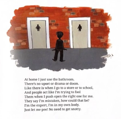 screenshot from lgbtq children's book Is That For A Boy Or A Girl? Author- S. Bear Bergman
Image description: a silhouette of a child stands facing two doors - one with a women's symbol, one with a men's symbol. The text below says "At home I just use the bathroom.
There's no upset or drama or doom.
Like there is when I go to a store or to school,
And people act like I'm trying to fool
Them when I push open the right one for me.
They say I'm mistaken, how could that be?
I'm the expert, I'm in my own body.
Just let me pee! No need to get snotty."