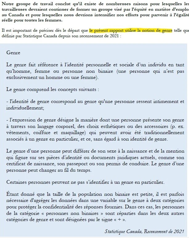 Notre groupe de travail conclut qu'il existe de nombreuses raisons pour lesquelles les travailleuses devraient continuer de former un groupe visé par l'équité en matière d'emploi au Canada et pour lesquelles nous devrions intensifier nos efforts pour parvenir à l'égalité réelle pour toutes les femmes.
Il est important de préciser dès le départ que le présent rapport utilise la notion de genre telle que définie par Statistique Canada depuis son recensement de 2021 :
Genre
Le genre fait référence à l'identité personnelle et sociale d'un individu en tant qu'homme, femme ou personne non binaire (une personne qui n'est pas exclusivement un homme ou une femme).
Le genre comprend les concepts suivants :
l'identité de genre correspond au genre qu'une personne ressent intimement et individuellement;
l'expression de genre désigne la manière dont une personne présente son genre à travers son langage corporel, des choix esthétiques ou des accessoires (p. ex. vêtements, coiffure et maquillage) qui peuvent avoir été traditionnellement associés à un genre en particulier, et ce, sans égard à son identité de genre.
Le genre d'une personne peut différer de son sexe à la naissance et de la mention qui figure sur ses pièces d'identité ou documents juridiques actuels, comme son certificat de naissance, son passeport ou son permis de conduire. Le genre d'une personne peut changer au fil du temps.
Certaines personnes peuvent ne pas s'identifier à un genre en particulier.
Étant donné que la taille de la population non binaire est petite, il est parfois nécessaire d'agréger les données dans une variable sur le genre à deux catégories pour protéger la confidentialité des réponses fournies. Dans ces cas, les personnes de la catégorie « personnes non binaires » sont réparties dans les deux autres catégories de genre et sont désignées par le signe « + ».
Statistique Canada, Recensement de 2021