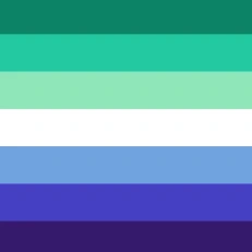 A striped flag in shades of green, teal, blue, purple, and lavender, with white, light blue, and pink triangular stripes along the left edge (colors drawn from the trans pride flag). No text is visible on the flag.