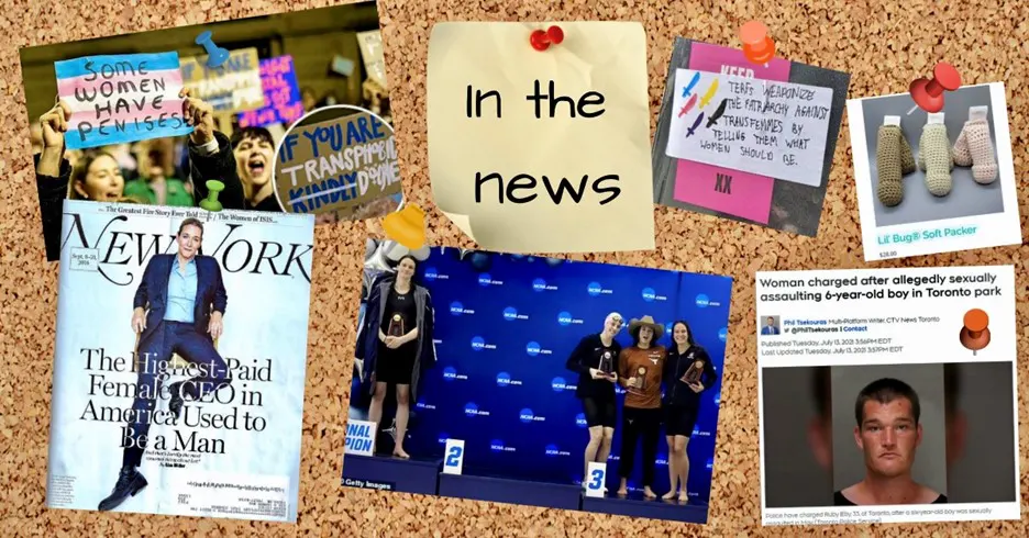 a post it note on a bulletin board reads "in the news" and shows trans holding signs that say "some women have penises", martine rothblatt on the cover of a magazine about him being a top woman in tech who used to be a man, the infamous lia thomas podium photo, ruby eby a man charged over an incedent with a child in a change room
