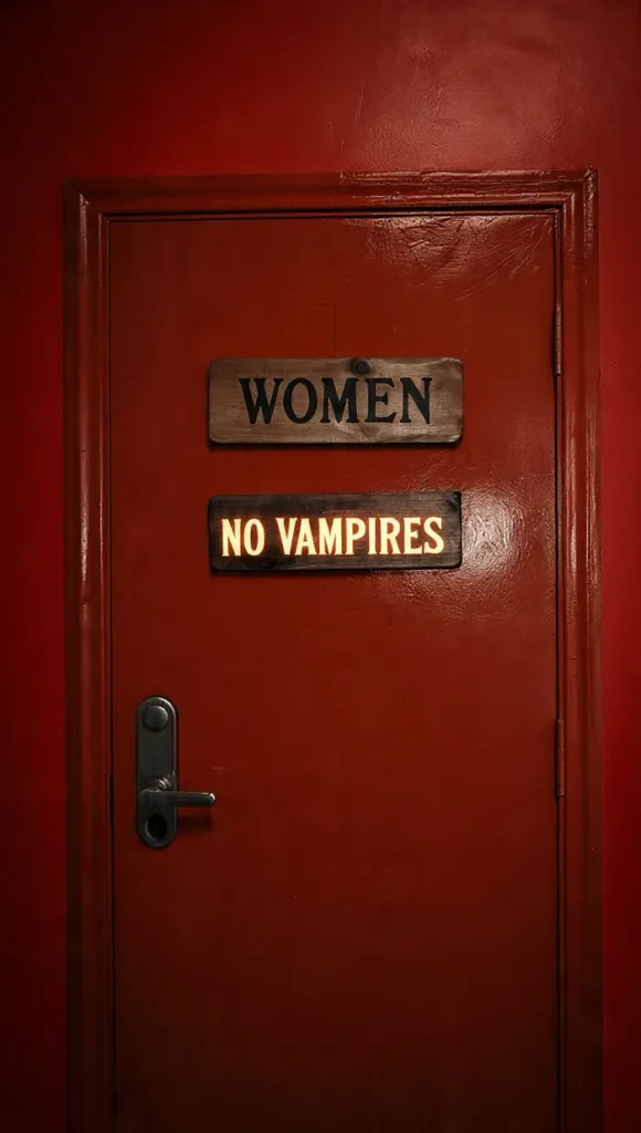 A photograph of a dark red painted wooden door set into a matching red wall, lit dramatically from above. Two wooden signs are mounted on the door: the upper sign, in a lighter wood tone with black text, reads "WOMEN." Below it, a smaller dark wooden sign with illuminated cream-yellow lettering reads "NO VAMPIRES." A black door handle and lock mechanism are visible on the door below the signs.